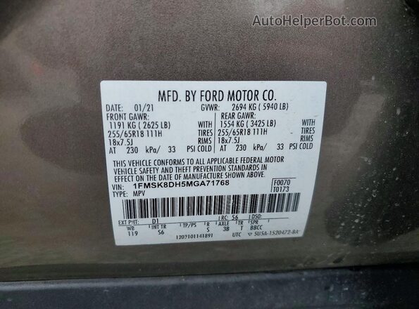 1FMSK8DH5MGA71768 2021 FORD EXPLORER Brown Вид наклейки з VIN-кодом