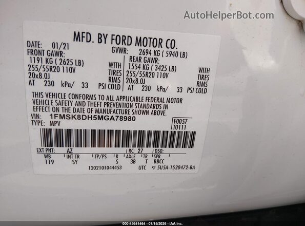 1FMSK8DH5MGA78980 2021 FORD EXPLORER White ძრავის განყოფილების ხედი