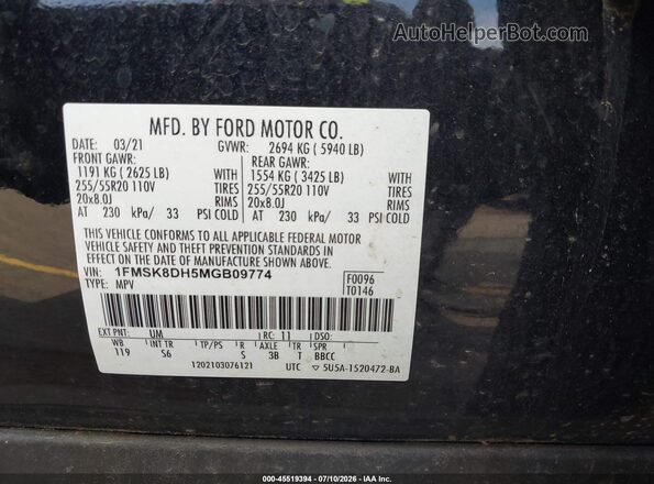 1FMSK8DH5MGB09774 2021 FORD EXPLORER Black ძრავის განყოფილების ხედი