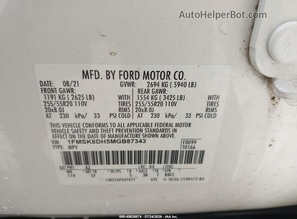 1FMSK8DH5MGB87343 2021 FORD EXPLORER White Շարժիչի բաժամունքի տեսք