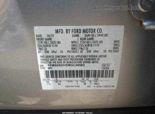 1FMSK8DH5MGC48982 2021 FORD EXPLORER Silver ძრავის განყოფილების ხედი