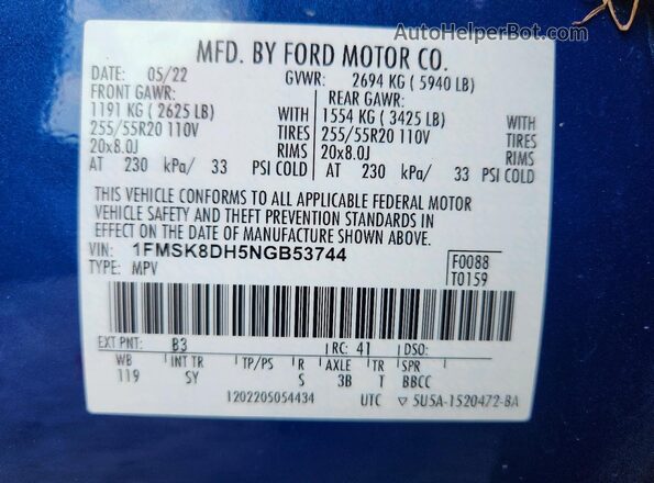 1FMSK8DH5NGB53744 2022 FORD EXPLORER Blue VIN sticker view
