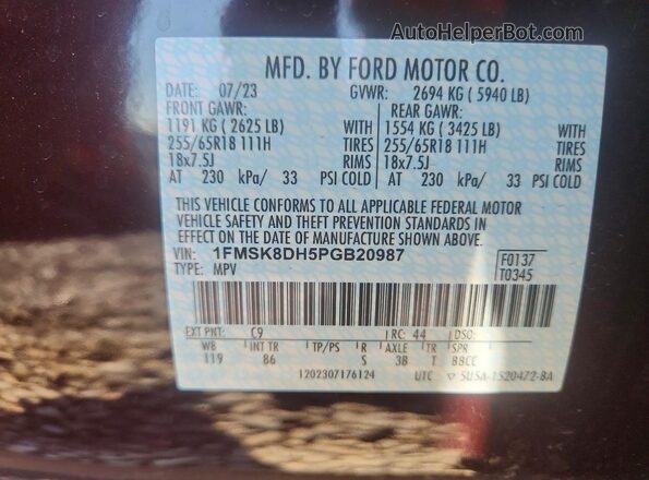1FMSK8DH5PGB20987 2023 FORD EXPLORER Maroon VIN კოდის სტიკერის ხედი