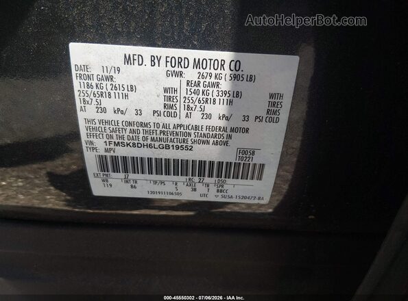 1FMSK8DH6LGB19552 2020 FORD EXPLORER Gray Вид підкапотного простору