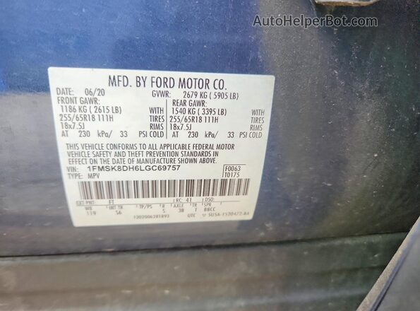 1FMSK8DH6LGC69757 2020 FORD EXPLORER Blue VIN sticker view
