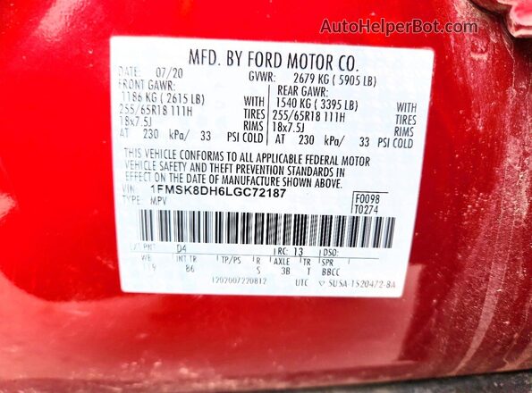 1FMSK8DH6LGC72187 2020 FORD EXPLORER Red Widok naklejki z numerem VIN
