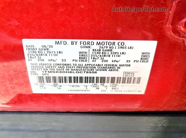 1FMSK8DH6LGC78958 2020 FORD EXPLORER Red Вид наклейки з VIN-кодом