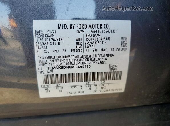 1FMSK8DH6MGA90586 2021 FORD EXPLORER Gray VIN sticker view