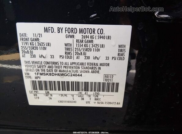 1FMSK8DH6MGC24044 2021 FORD EXPLORER Black ძრავის განყოფილების ხედი