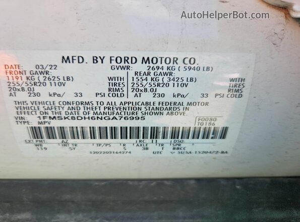 1FMSK8DH6NGA76995 2022 FORD EXPLORER White Vista interior de 360 grados