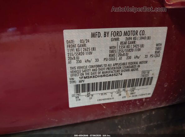 1FMSK8DH6RGA65274 2024 FORD EXPLORER Red Vista del compartimento del motor