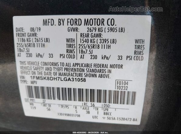 1FMSK8DH7LGA31058 2020 FORD EXPLORER Gray Շարժիչի բաժամունքի տեսք