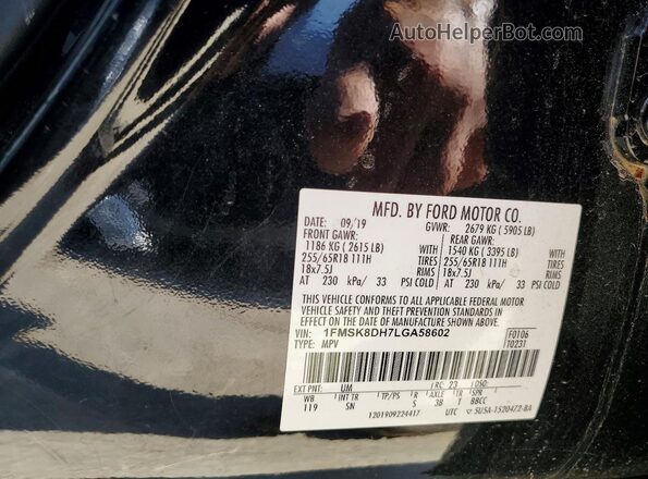 1FMSK8DH7LGA58602 2020 FORD EXPLORER Black Vista de la etiqueta del VIN