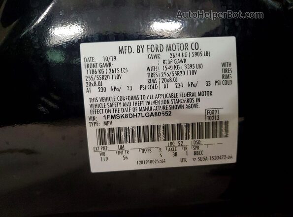 1FMSK8DH7LGA80552 2020 FORD EXPLORER Black VIN sticker view