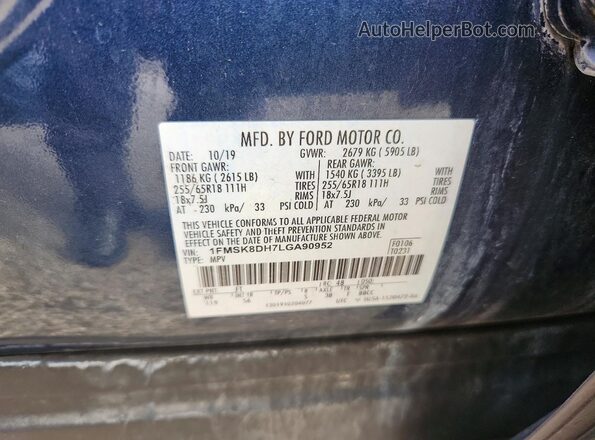 1FMSK8DH7LGA90952 2020 FORD EXPLORER Blue VIN sticker view