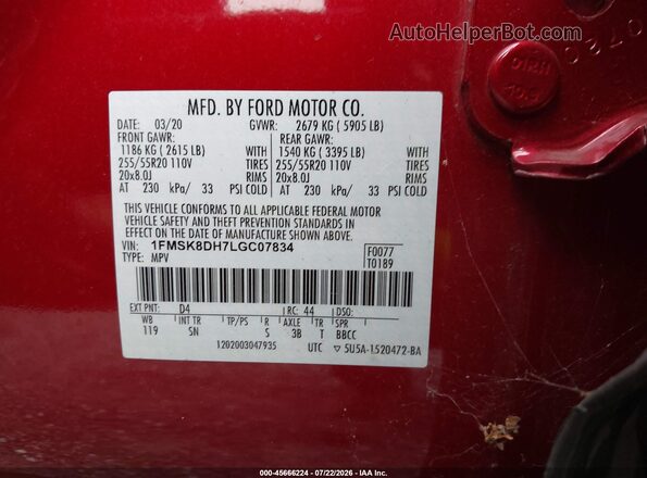 1FMSK8DH7LGC07834 2020 FORD EXPLORER Red Вид підкапотного простору