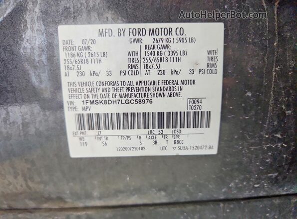 1FMSK8DH7LGC58976 2020 FORD EXPLORER Серый Вид подкапотного пространства