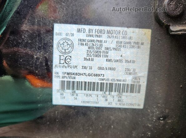 1FMSK8DH7LGC68973 2020 FORD EXPLORER Black VIN sticker view