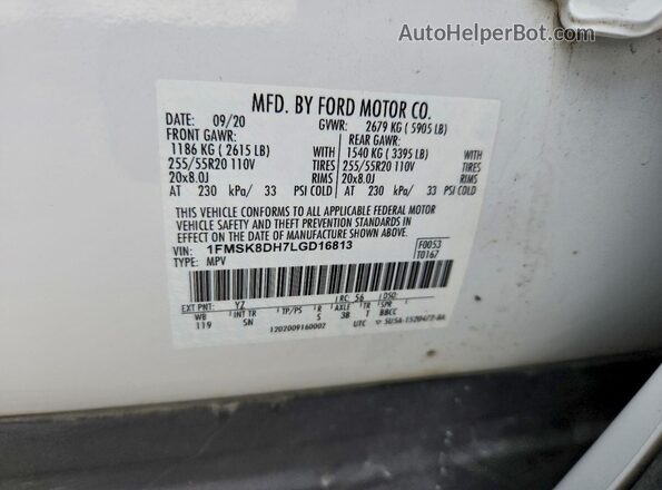 1FMSK8DH7LGD16813 2020 FORD EXPLORER White Engine compartment view