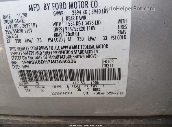 1FMSK8DH7MGA50226 2021 FORD EXPLORER Серебряный Вид подкапотного пространства