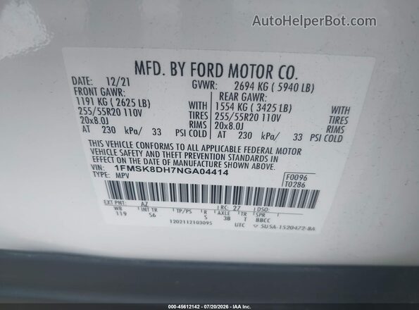 1FMSK8DH7NGA04414 2022 FORD EXPLORER White Widok komory silnika