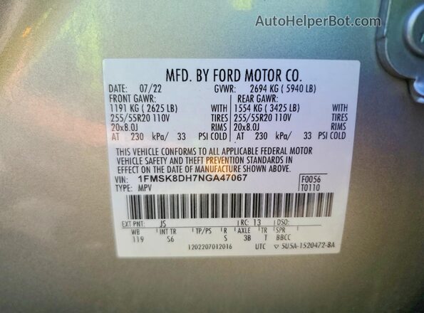 1FMSK8DH7NGA47067 2022 FORD EXPLORER Silver VIN կոդի պիտակի տեսք