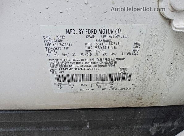 1FMSK8DH7NGC03513 2022 FORD EXPLORER White Vista de la etiqueta del VIN