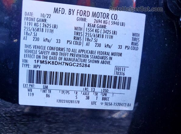 1FMSK8DH7NGC25284 2022 FORD EXPLORER Black Vista de la etiqueta del VIN