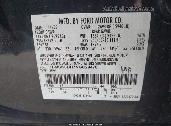 1FMSK8DH7NGC29478 2022 FORD EXPLORER Gray Engine compartment view