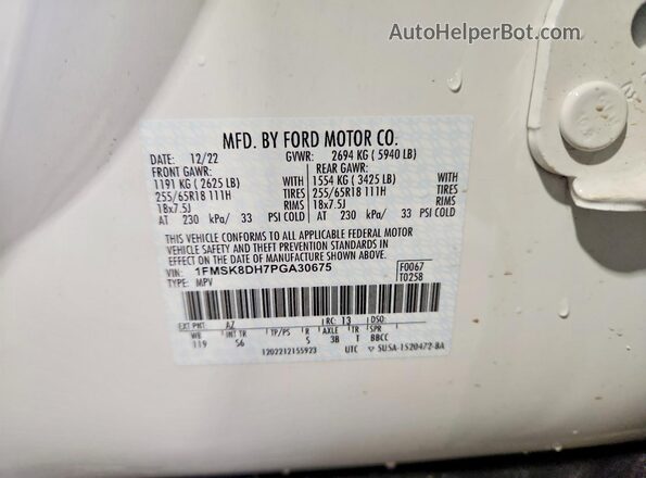 1FMSK8DH7PGA30675 2023 FORD EXPLORER White Vista de la etiqueta del VIN