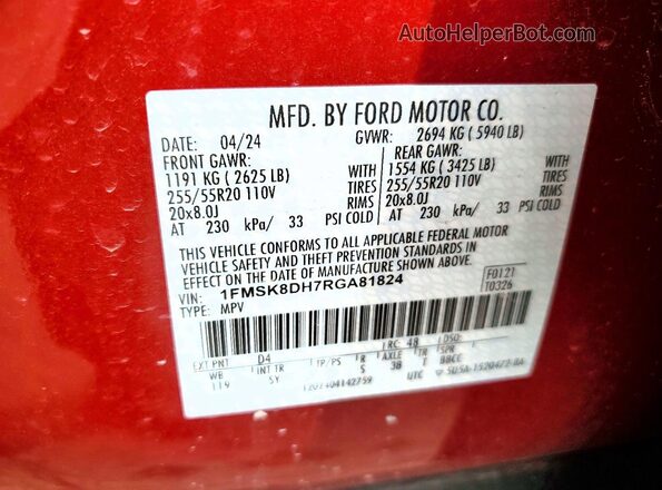 1FMSK8DH7RGA81824 2024 FORD EXPLORER Красный Вид подкапотного пространства