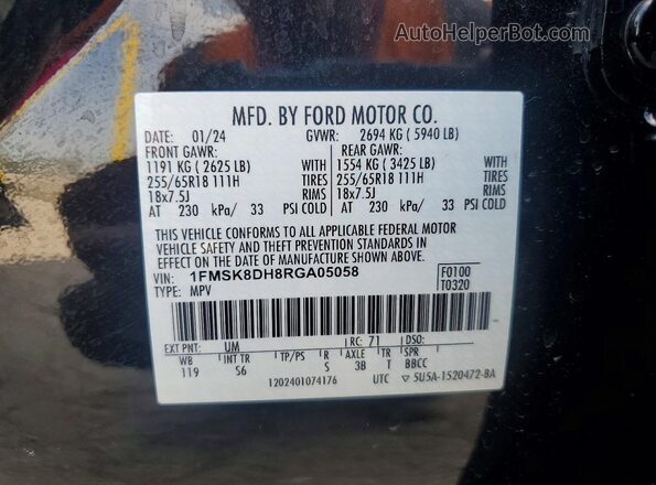 1FMSK8DH8RGA05058 2024 FORD EXPLORER Black VIN კოდის სტიკერის ხედი