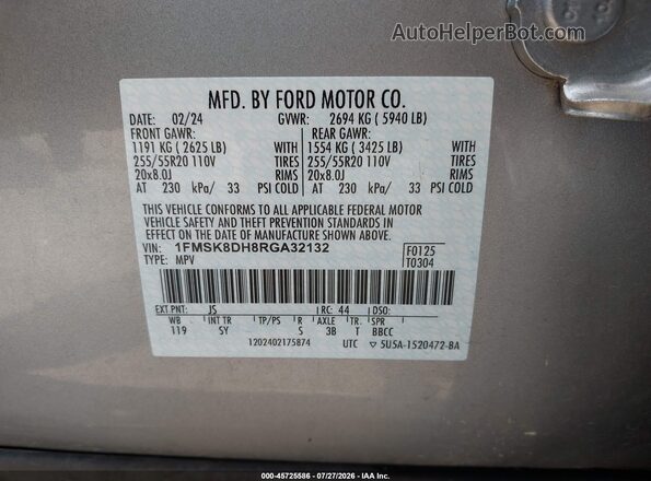 1FMSK8DH8RGA32132 2024 FORD EXPLORER Silver Вид підкапотного простору