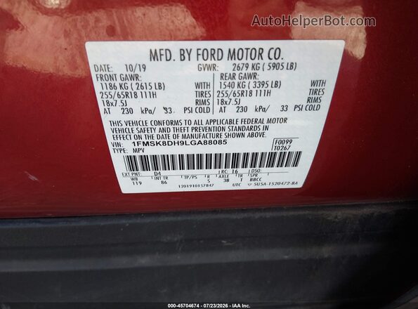 1FMSK8DH9LGA88085 2020 FORD EXPLORER Red Widok komory silnika