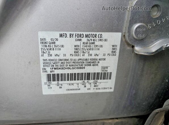 1FMSK8DH9LGC00805 2020 FORD EXPLORER Silver Вид наклейки з VIN-кодом