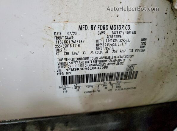 1FMSK8DH9LGC47056 2020 FORD EXPLORER White Widok naklejki z numerem VIN