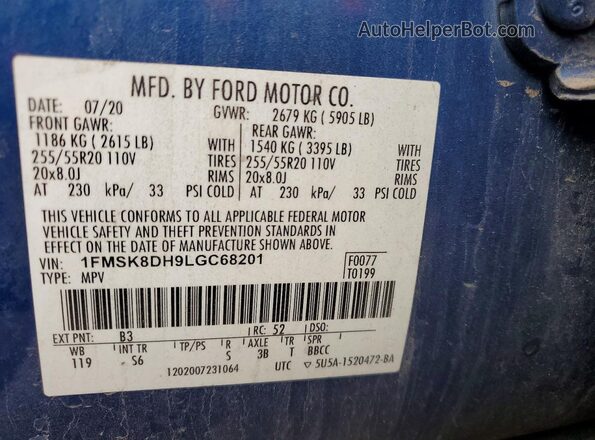 1FMSK8DH9LGC68201 2020 FORD EXPLORER Blue Widok naklejki z numerem VIN