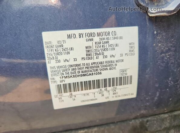 1FMSK8DH9MGA81056 2021 FORD EXPLORER Blue Вид наклейки з VIN-кодом
