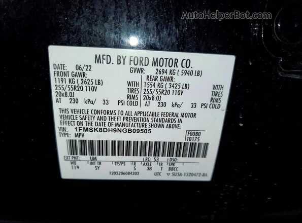 1FMSK8DH9NGB09505 2022 FORD EXPLORER Black Widok naklejki z numerem VIN