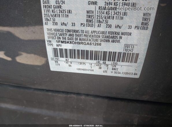 1FMSK8DH9RGA61266 2024 FORD EXPLORER Gray Вид підкапотного простору