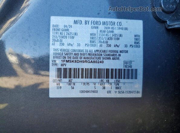 1FMSK8DH9RGA80240 2024 FORD EXPLORER Gray Vista de la etiqueta del VIN