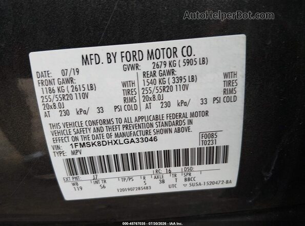 1FMSK8DHXLGA33046 2020 FORD EXPLORER Gray Widok komory silnika