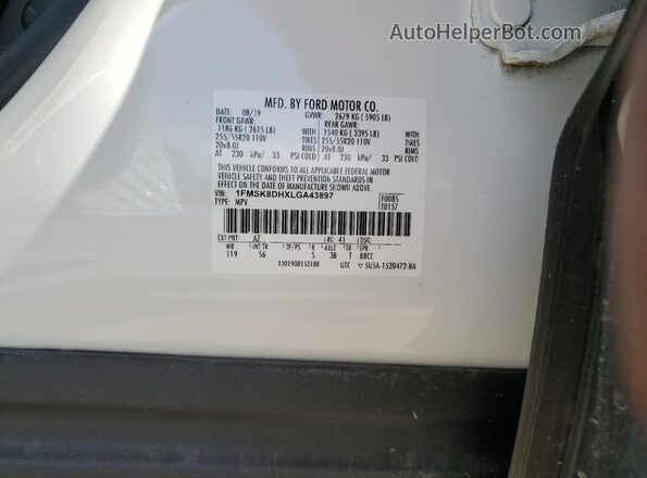 1FMSK8DHXLGA43897 2020 FORD EXPLORER White Widok wnętrza 360 stopni