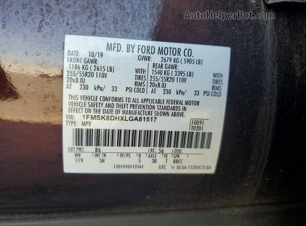 1FMSK8DHXLGA81517 2020 FORD EXPLORER Burgundy Widok wnętrza 360 stopni