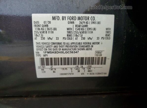 1FMSK8DHXLGC56347 2020 FORD EXPLORER Charcoal VIN sticker view