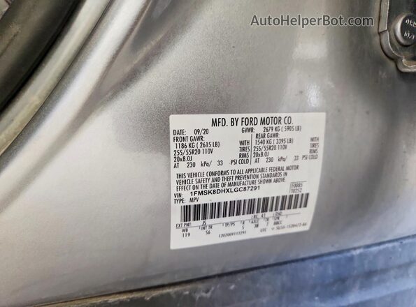 1FMSK8DHXLGC87291 2020 FORD EXPLORER Silver VIN sticker view