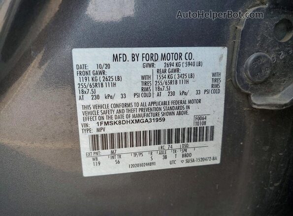 1FMSK8DHXMGA31959 2021 FORD EXPLORER Gray VIN sticker view