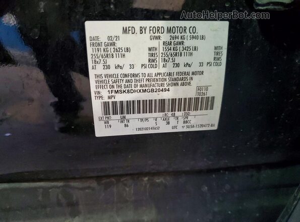 1FMSK8DHXMGB20494 2021 FORD EXPLORER Black VIN კოდის სტიკერის ხედი