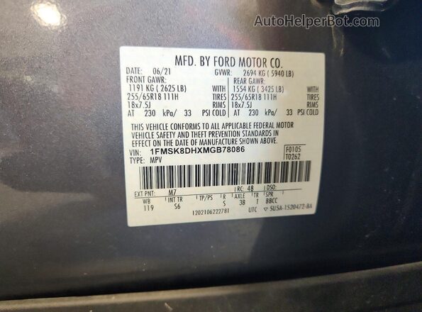 1FMSK8DHXMGB78086 2021 FORD EXPLORER Gray VIN კოდის სტიკერის ხედი