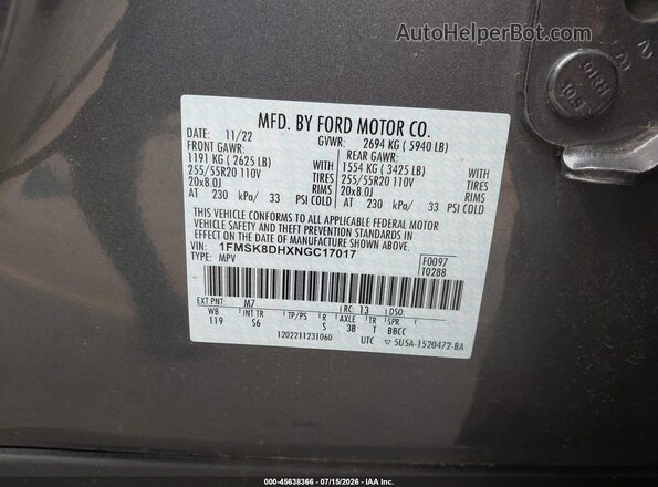 1FMSK8DHXNGC17017 2022 FORD EXPLORER Gray Vista del compartimento del motor